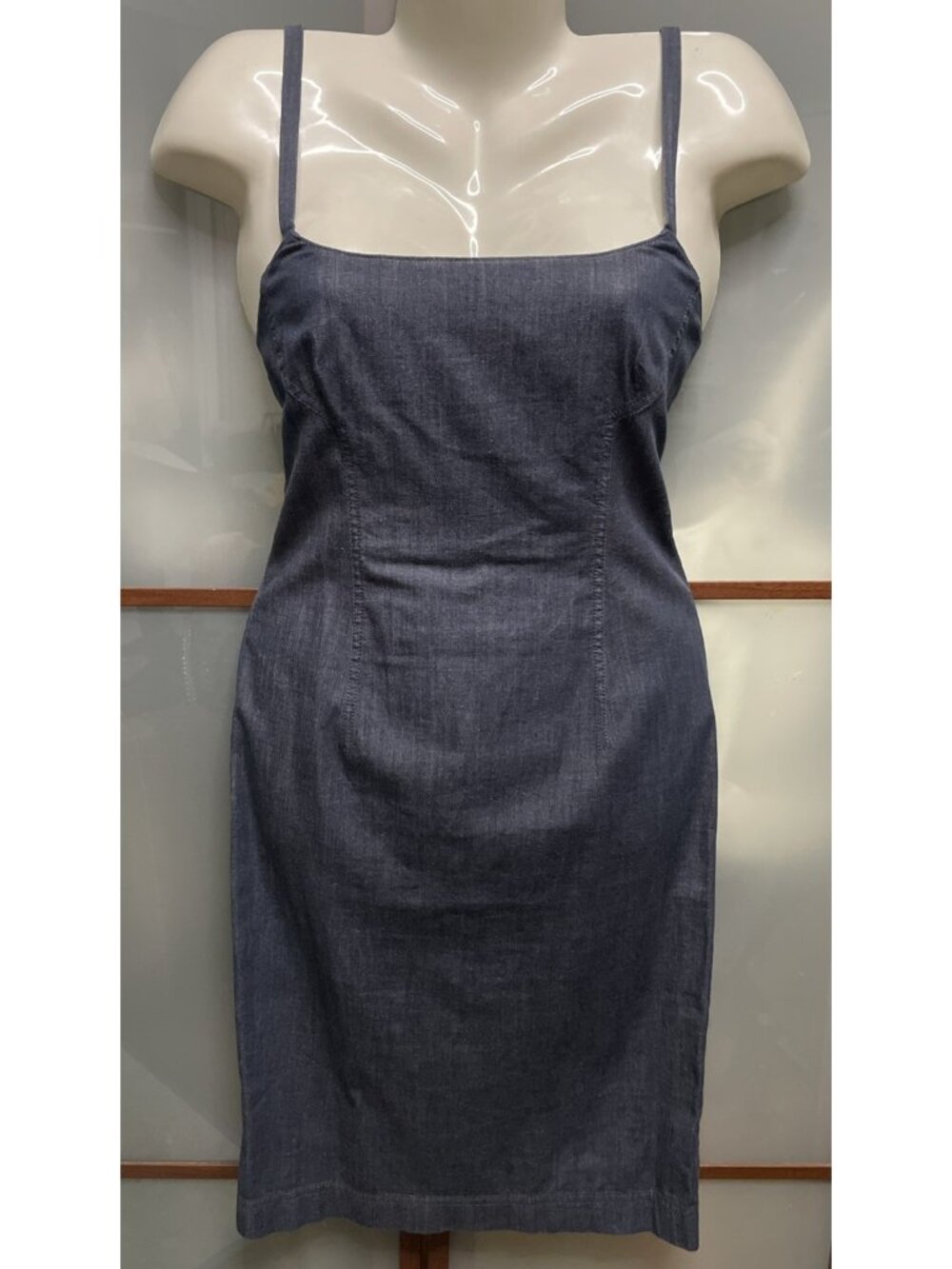 Theory Vintage Y2K Delilah Sz 4 Indigo Denim Midi Dress Spaghetti Strap Stretch